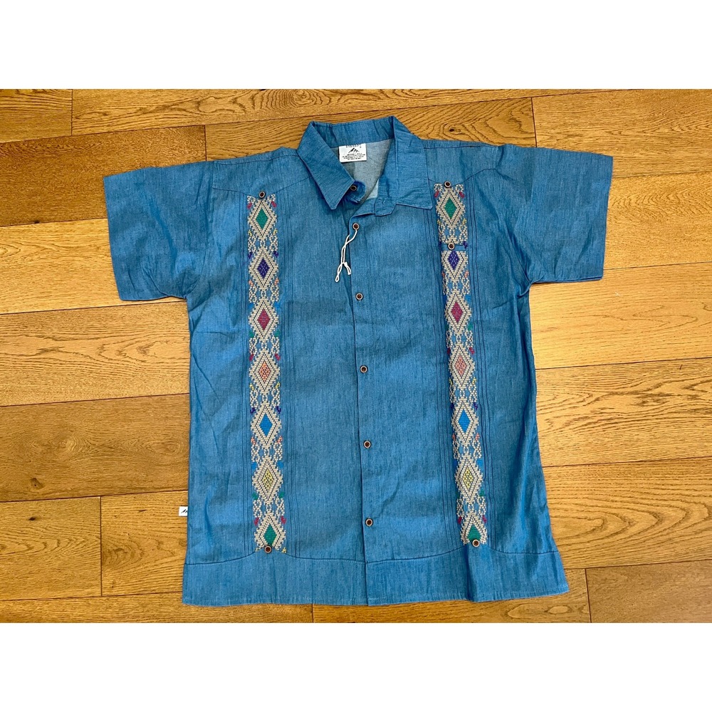 Everest Mexican Guayabera Shirt XL Blue Multi Color Geometric Embroidery Wedding